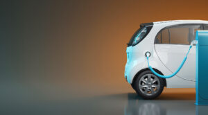 Electric car in charge, ecology, 3d render illustration