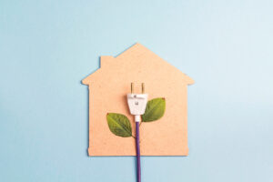 House symbol with plug like a plant on a blue background. Save energy concept. Flat lay, top view.
