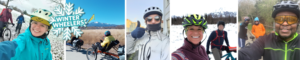 Different images of people riding bikes in the cold