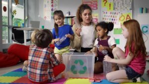 Teacher Giving Recycle Lesson To Little Kids